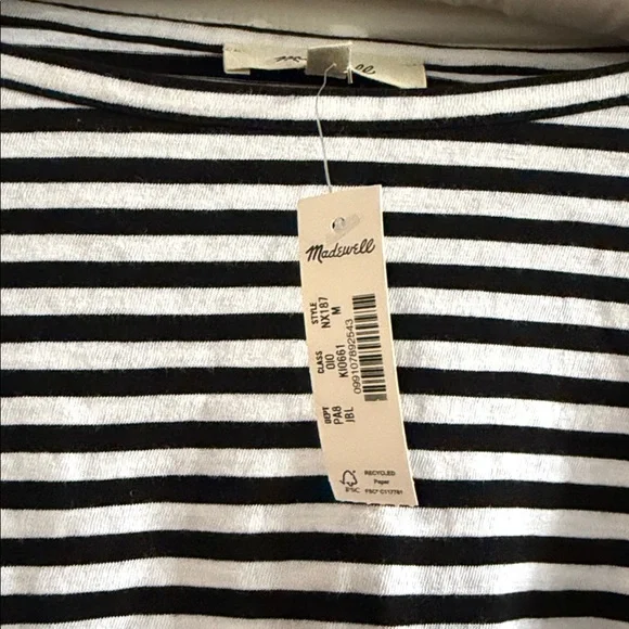 Madewell Black and White Striped Long Sleeve Cinched Waist Tee Medium NWT - Picture 2 of 3